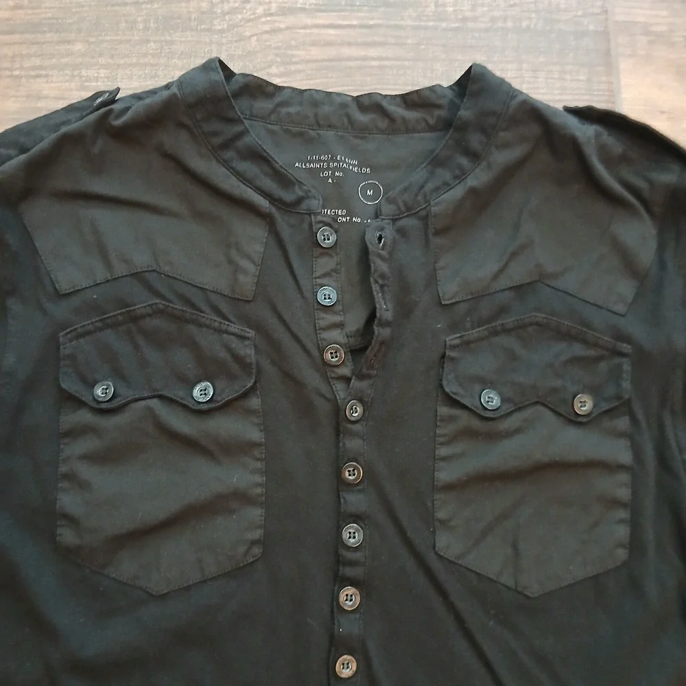 All Saints Shirt Mens Medium Black Spitalfields Jacks Place Half Button Henley